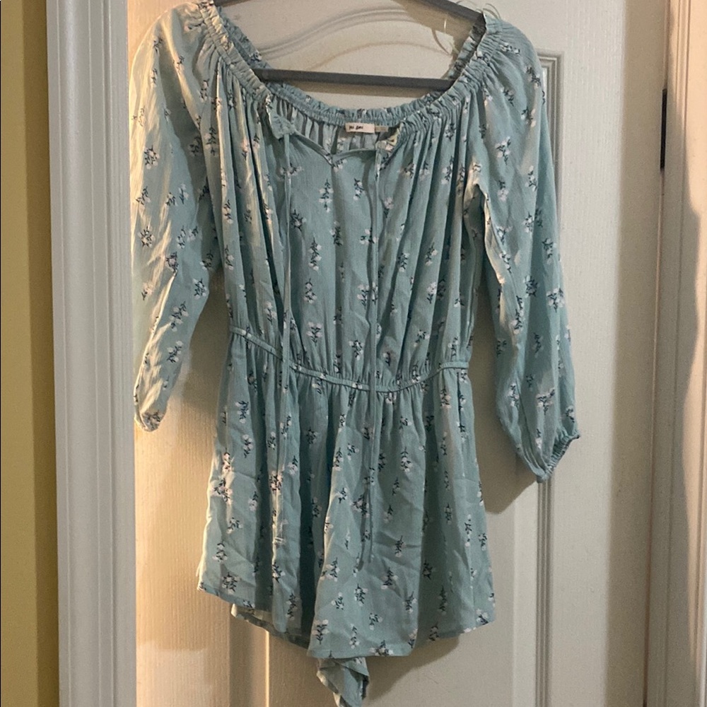 Green Blue Ruched Romper with Tie Front